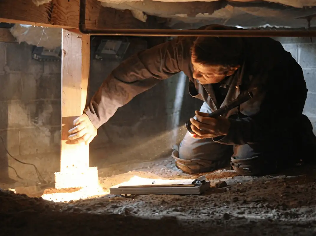 A professional inspecting wooden beams under the floor of a structure in Anchorage, AK