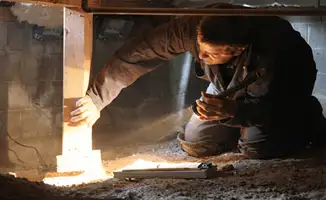 A professional inspecting wooden beams under the floor of a structure in Anchorage, AK